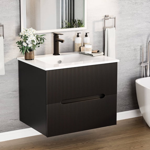 Erinnyees 24" Black Floating Bathroom Vanity Cabinet - Features Wall-Mounted Design, Ceramic Sink, and 2 Fluted Drawers with Concealed Handles