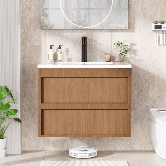 Erinnyees 24-Inch Floating Bathroom Vanity with Sink, Wood Grain Wall-Mounted Cabinet, 2 Large Storage Drawers, Includes White Ceramic Sink, Faucet & Drain, Natural