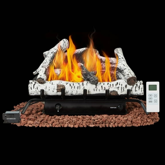 Erinnyees 24" Ventless Gas Logs Set: 30,000 BTU for LP/Propane, with Remote Control and Realistic Birch Wood, White
