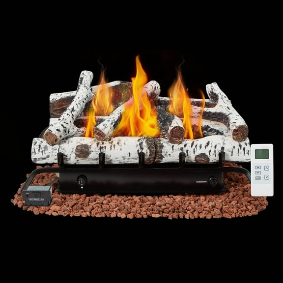 Erinnyees 27" Ventless Gas Logs Set: 30,000 BTU for LP/Propane, with Remote Control and Birch Wood, White