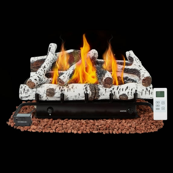 Erinnyees 27" Ventless Natural Gas Fireplace Log Set, 30,000 BTU, with Remote Control, Birch Wood, White