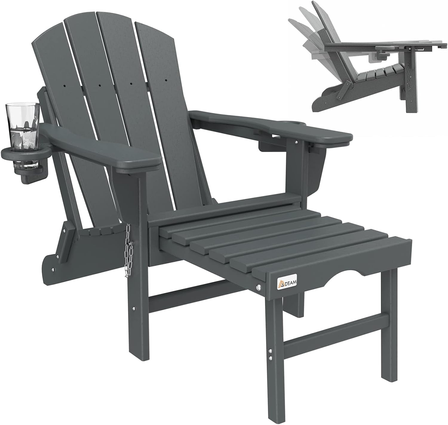 Erinnyees 3-Level Adjustable Adirondack Chair with Retractable Ottoman, HDPE All-Weather Folding Fire Pit Chair with 2 Cup Holders, Outdoor Chair for Deck Patio Garden Backyard Lawn