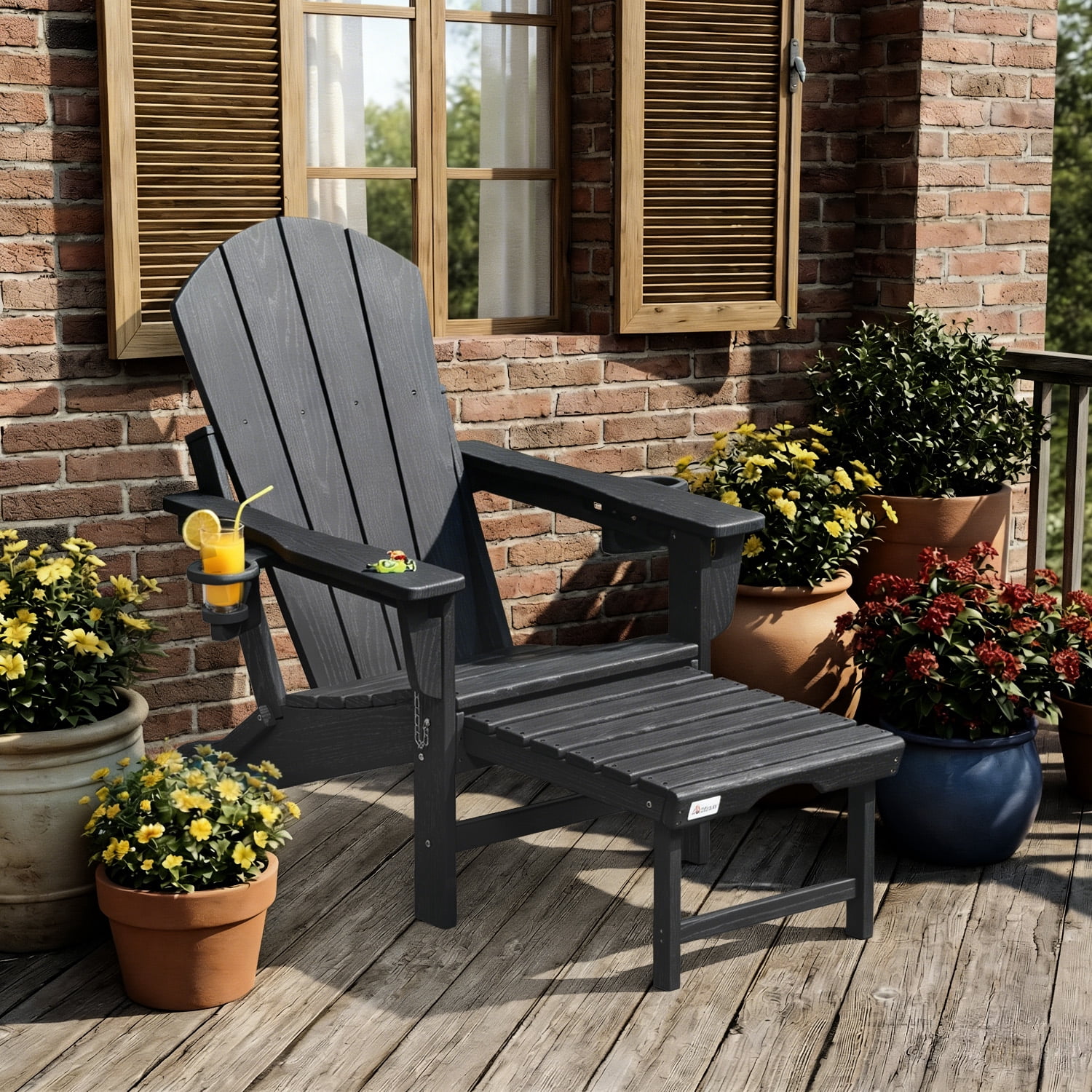 Erinnyees 3-Level Adjustable Adirondack Chair with Retractable Ottoman, HDPE All-Weather Folding Fire Pit Chair with 2 Cup Holders, Outdoor Chair for Garden