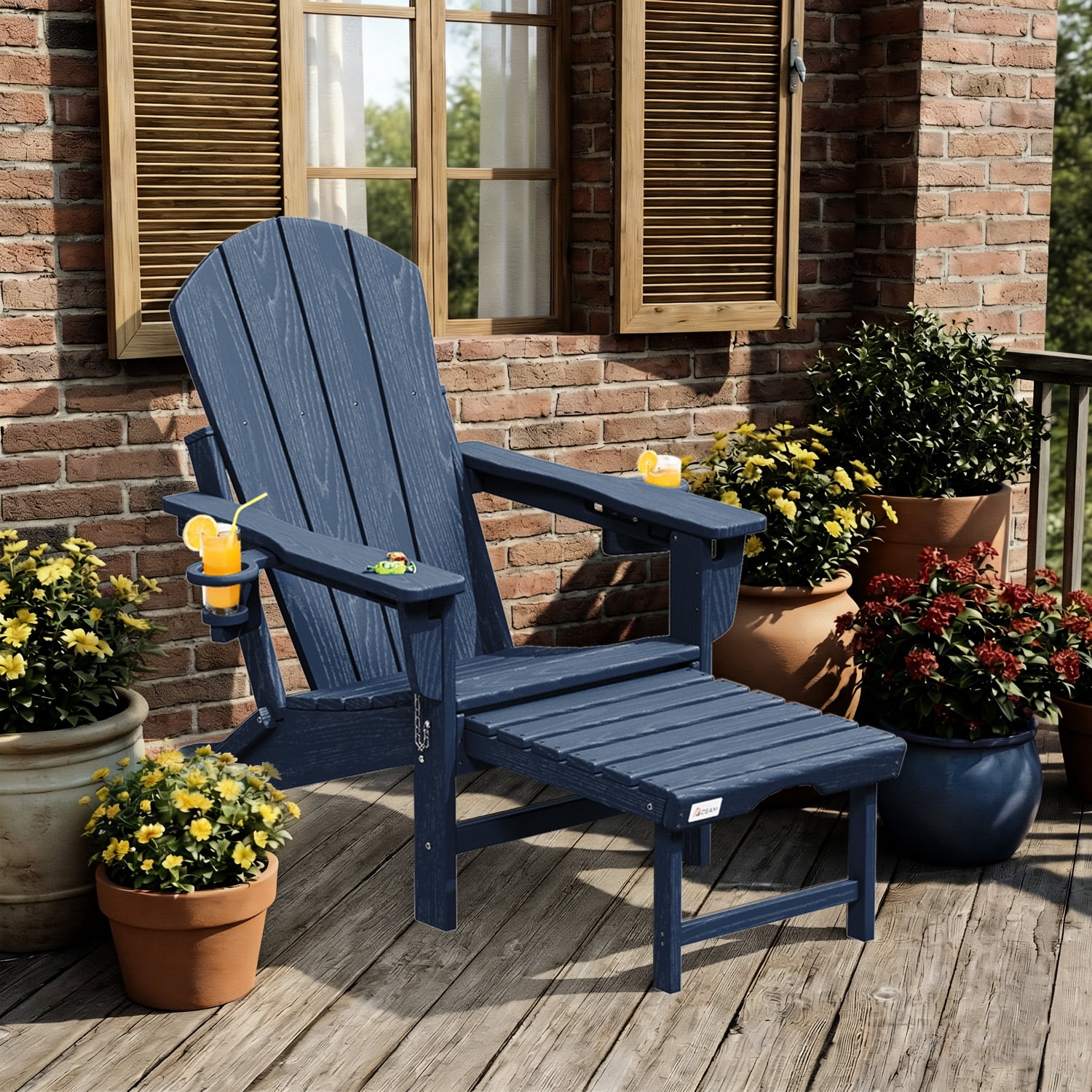 Erinnyees 3-Level Adjustable Adirondack Chair with Retractable Ottoman, HDPE All-Weather Folding Fire Pit Chair with 2 Cup Holders, Outdoor Chair for Garden