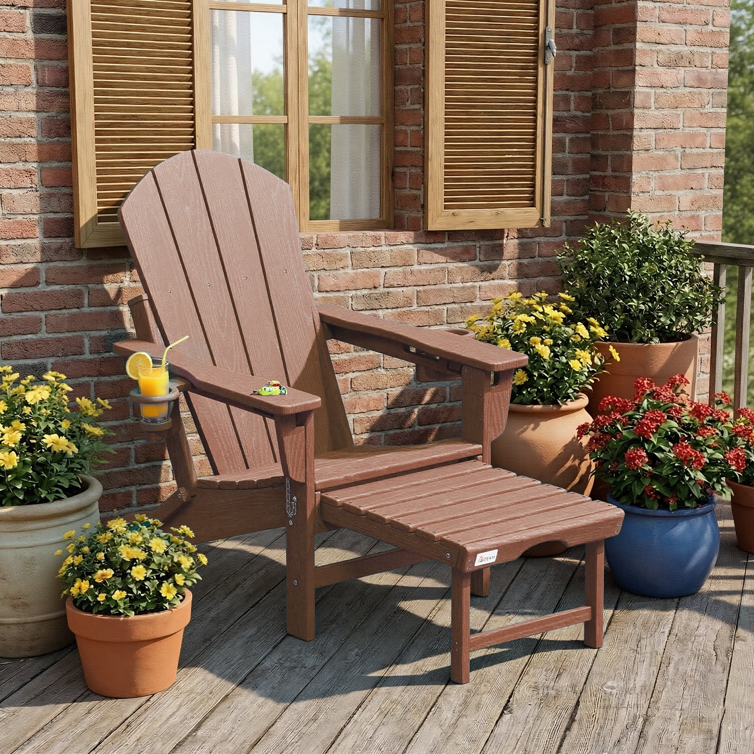Erinnyees 3-Level Adjustable Adirondack Chair with Retractable Ottoman, HDPE All-Weather Folding Fire Pit Chair with 2 Cup Holders, Outdoor Chair for Garden