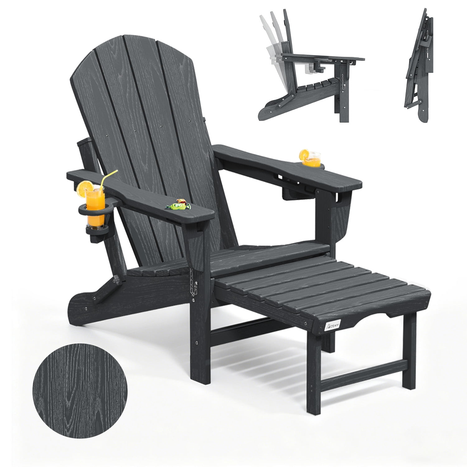 Erinnyees 3-Level Adjustable Adirondack Chair with Retractable Ottoman, HDPE All-Weather Folding Fire Pit Chair with 2 Cup Holders, Outdoor Chair for Garden