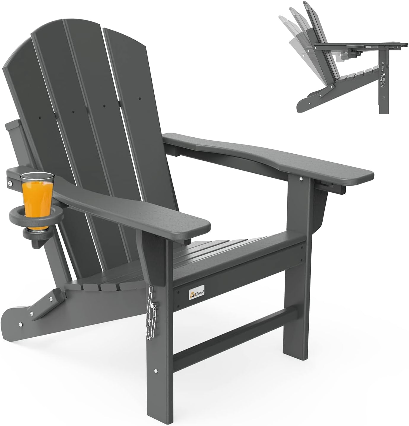 Erinnyees 3-Level Adjustable Adirondack Chair, Wooden Textured, HDPE All-Weather Folding Fire Pit Chair with Cup Holder, Outdoor Chair for Poolside Deck Patio Garden Backyard Lawn Campfire
