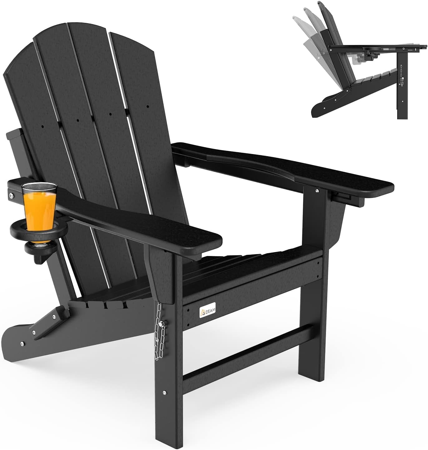 Erinnyees 3-Level Adjustable Adirondack Chair, Wooden Textured, HDPE All-Weather Folding Fire Pit Chair with Cup Holder, Outdoor Chair for Poolside Deck Patio Garden Backyard Lawn Campfire