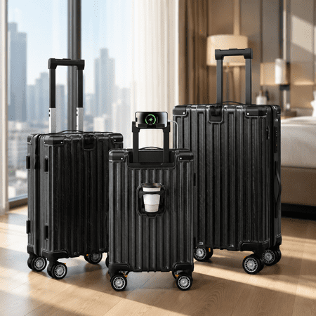 Erinnyees 3-Pc Lightweight Hardshell Luggage Set w/ Spinner Wheels & Expandable Design, Black