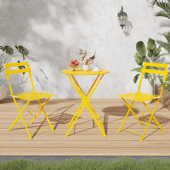 Erinnyees 3-Piece Folding Bistro Set for Outdoor Patio, Steel Frame, Yellow - Space-Saving Garden Furniture