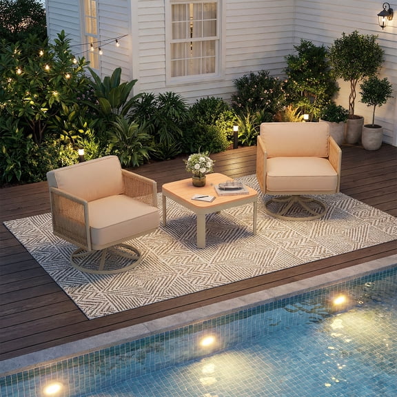 Erinnyees 3 Pieces Patio Furniture Set, Outdoor Swivel Glider Rocking Chairs with 6" Thick Cushions & Metal Table, All-Weather Patio Conversation Sets for Backyard, Poolside, Balcony, Light Beige