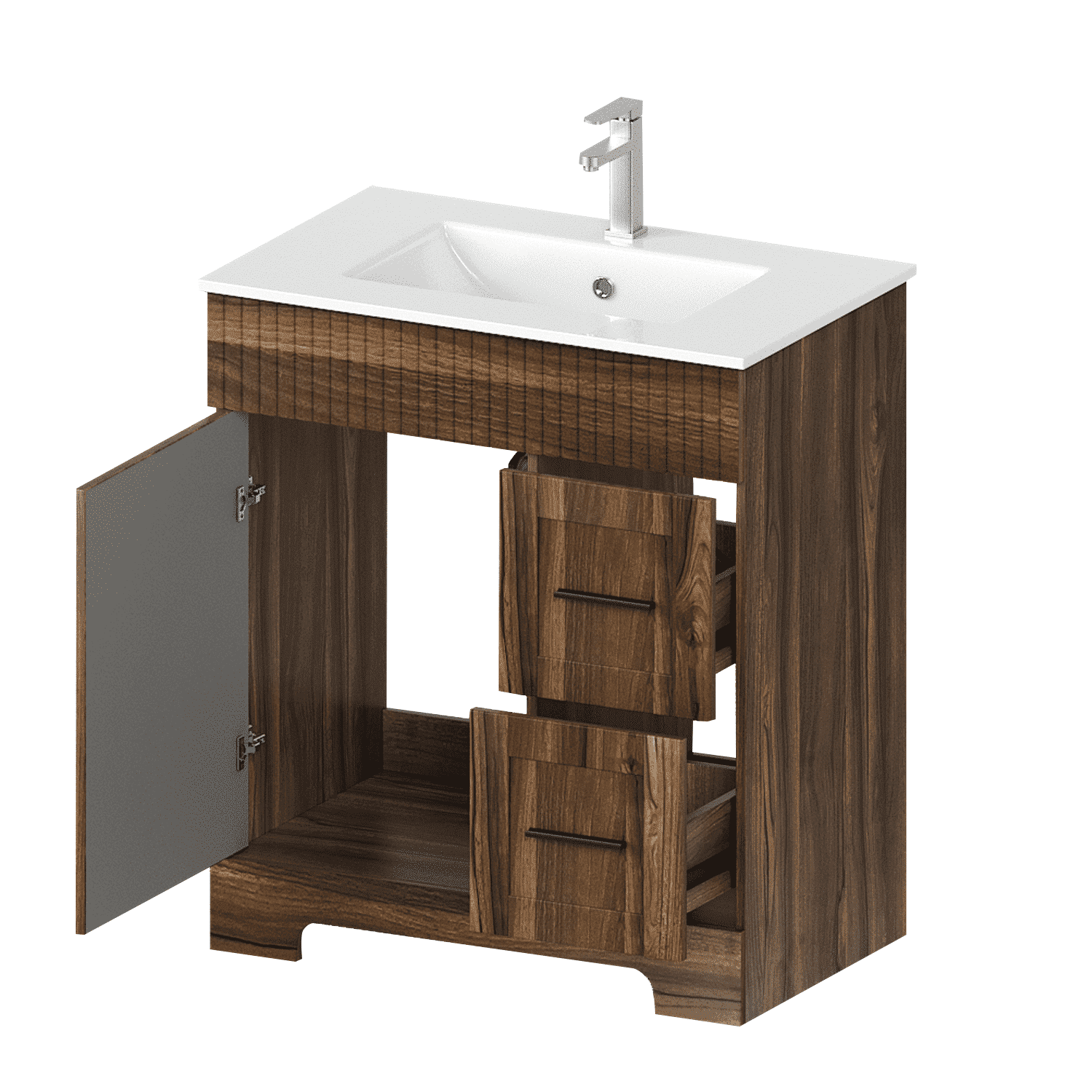 Erinnyees 30" Wooden Freestanding Bathroom Vanity with Ceramic Sink, Walnut Cabinet Featuring a Door & 2 Spacious Drawers