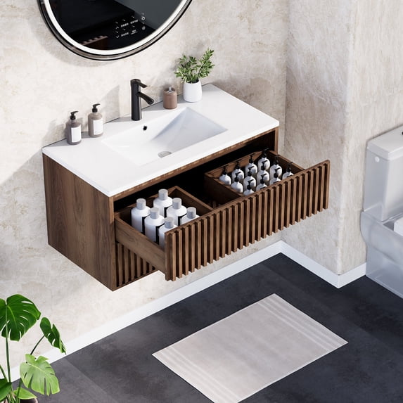 Erinnyees 36-Inch Floating Bathroom Vanity with Sink Combo, Wall-Mounted Cabinet with 2 Fluted Drawers & Silent Slides, Includes Faucet & Adjustable Hardware