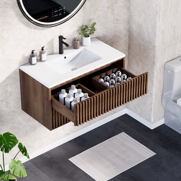 Erinnyees 36-Inch Floating Bathroom Vanity with Sink Combo, Wall-Mounted Cabinet with 2 Fluted Drawers & Silent Slides, Includes Faucet & Adjustable Hardware