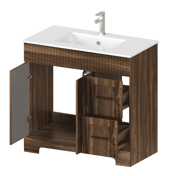 Erinnyees 36" Wooden Freestanding Bathroom Vanity with Ceramic Sink, Walnut Cabinet Featuring 2 Door & 2 Spacious Drawers