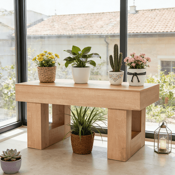 Erinnyees 39-inch Farmhouse Coffee Table, Mid-Century Modern Wood Center Table with Thick Tabletop & U-Shaped Base, Easy Assembly Living Room Cocktail Table (Natural)