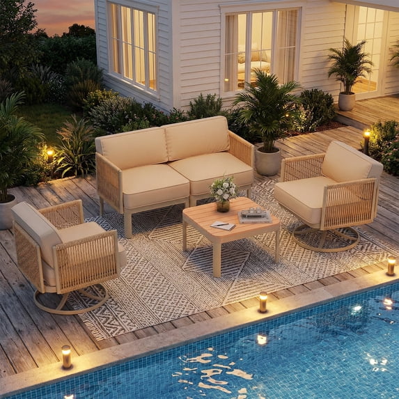 Erinnyees 4 Piece Patio Furniture Set,Swivel Glider Rocking Chairs with 6" Thick Cushions, Loveseat & Coffee Table, All-Weather Patio Conversation Sets for Backyard, Poolside & Balcony, Light Beige