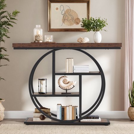Erinnyees 4 Tier Console Table, 41.3" Entryway Table, Rustic Style Sofa Table, with Storage Shelves, Adjustable Foot Pad, for Hallway, Rustic Brown