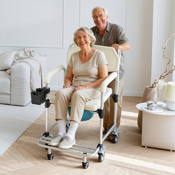 Erinnyees 4-in-1 Commode Chair with Wheels: Shower, Transport & Toilet Aid. Lockable wheels, padded seat, detachable bucket & flip-up footrest for elderly/disabled care