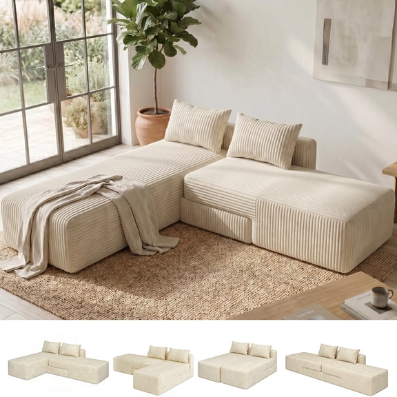 Erinnyees 4-in-1 Modular Cloud Couch: Adjustable Chaise & Deep Seat Sectional Sofa with 2 Pillows, No Assembly