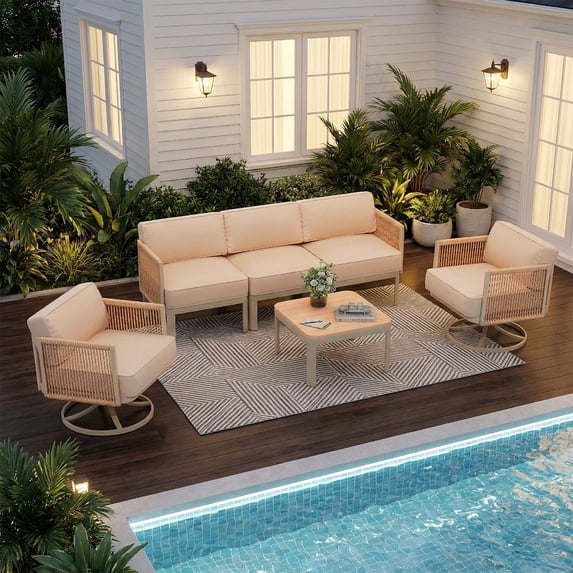 Erinnyees 5 Seats Patio Furniture Set,Outdoor Swivel Glider Rocking Chairs with 6" Thick Cushions, 3-seat & Coffee Table, All-Weather Patio Conversation Sets for Backyard, Light Beige