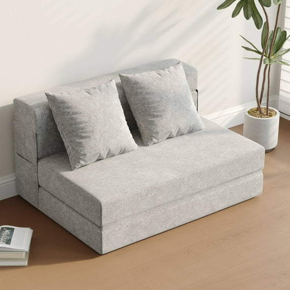 Erinnyees 5-in-1 Foldable Foam Sofa Bed: Twin Sleeper with Pillows & Side Pockets, for Guest Room, Dorm, or Office Lounging, Light Gray