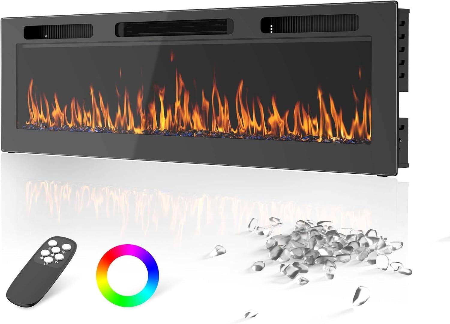 Erinnyees 50" Electric Fireplace, 750/1500W Ultra-Thin Linear Fireplace Heater with Remote Control, 12 Adjustable Flame Color & Speed & Brightness, Timer, Low Noise, Touch Screen