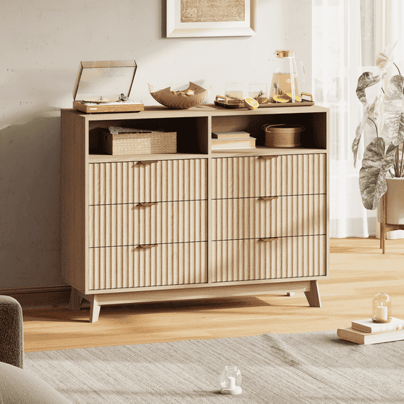 Erinnyees 6 Drawers Dressers, 45" Fluted Chest of Drawers, Wood Drawer Storage Organizer, with Metal Handle, for Bedroom, Living Room, Natural Oak