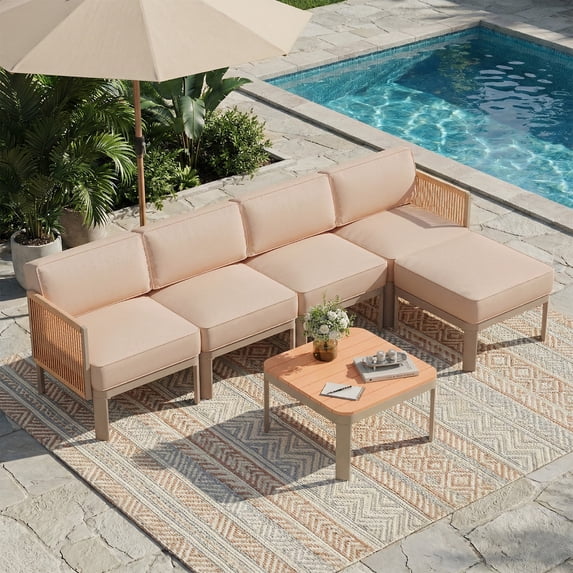 Erinnyees 6 Pieces Patio Sectional Furniture Set, Aluminum Outdoor Conversation Set with Ottoman, 6" Thick Cushions & Coffee Table, All-Weather Sectional Sofa for Poolside,Deck,Backyard, Light Beige
