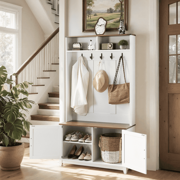 Erinnyees 68" Farmhouse Hall Tree, Entryway Bench, with Bench and Shoe Storage, Coat Rack, 2 Open Compartments, 5 Coat Hooks, Adjustable Shelf