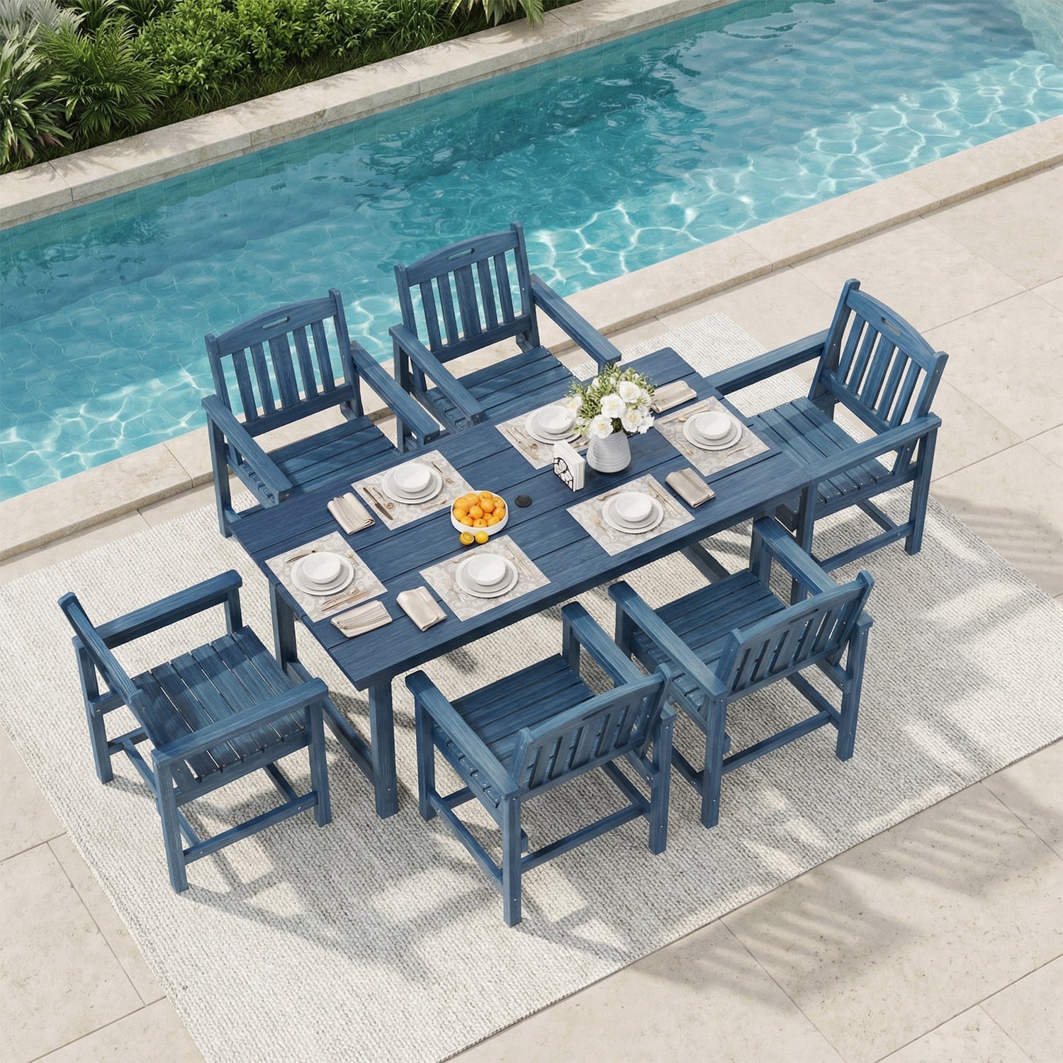 Erinnyees 7-Piece HDPE Outdoor Dining Set, 66.9" Marble Texture Patio Table with Umbrella Hole, and 6 All-Weather Chairs for Yard Deck Porch, Navy Blue