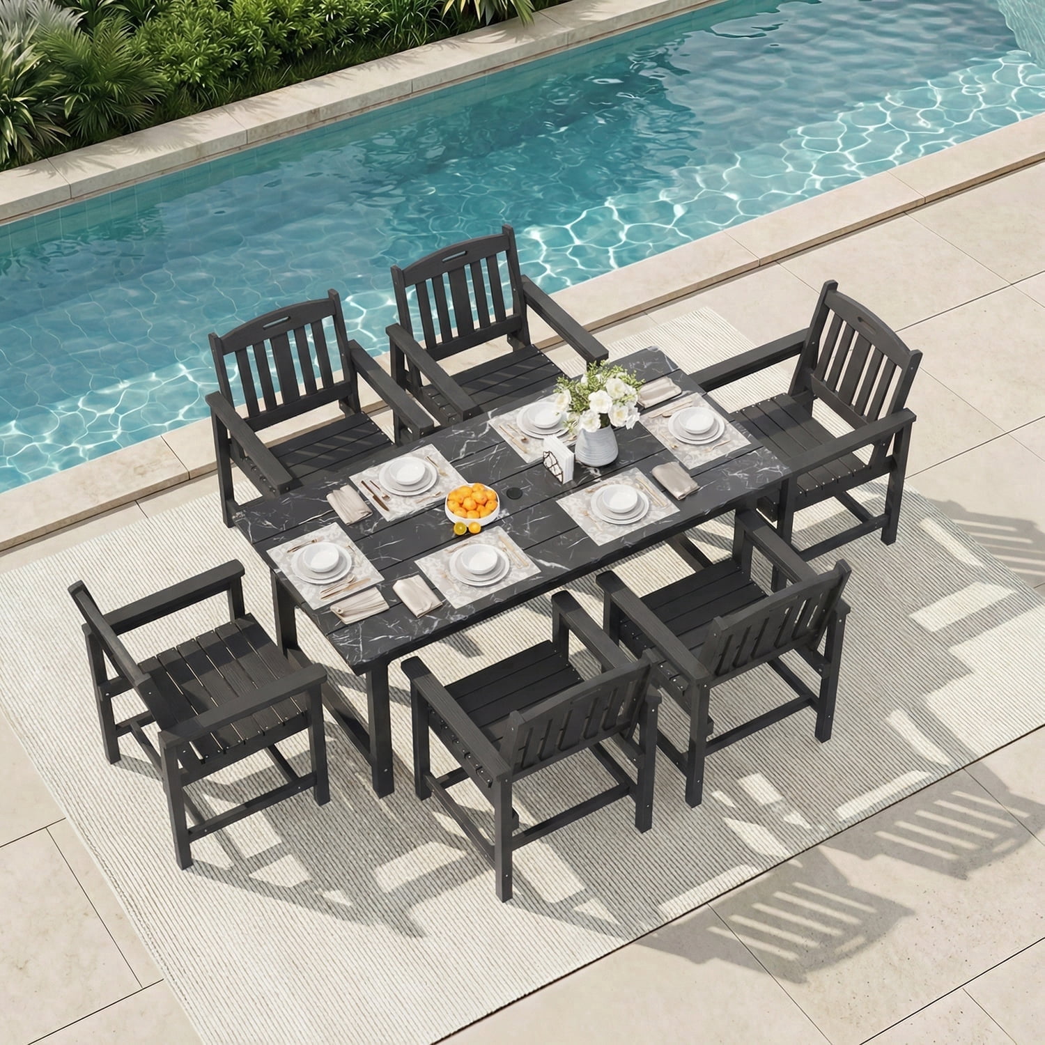 Erinnyees 7-Piece HDPE Outdoor Dining Set, 66.9" Marble Texture Patio Table with Umbrella Hole, and 6 All-Weather Chairs for Yard Deck Porch, Black