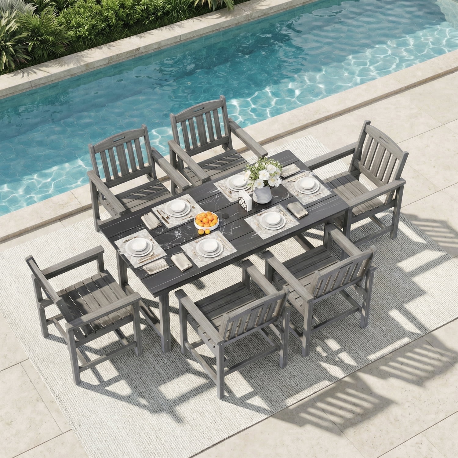 Erinnyees 7-Piece HDPE Outdoor Dining Set, 66.9" Marble Texture Patio Table with Umbrella Hole, and 6 All-Weather Chairs for Yard Deck Porch, Gray