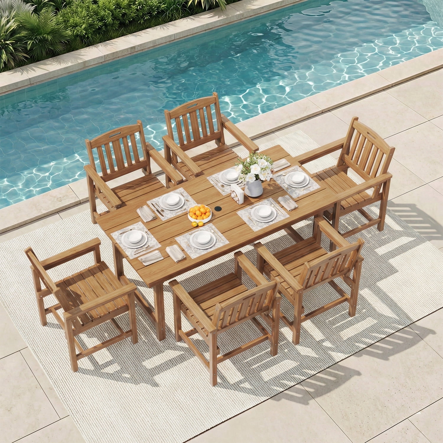 Erinnyees 7-Piece HDPE Outdoor Dining Set, 66.9" Marble Texture Patio Table with Umbrella Hole, and 6 All-Weather Chairs for Yard Deck Porch, Teak