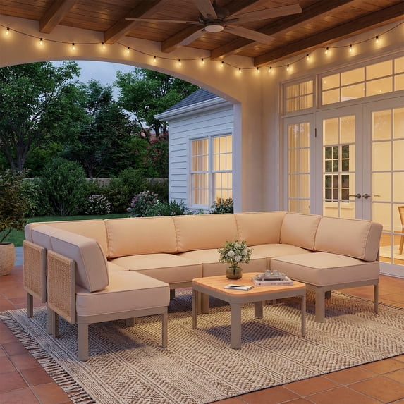 Erinnyees 7 Pieces Patio Sectional Furniture Set, Aluminum Outdoor Conversation Set with 6" Thick Cushions & Coffee Table, All-Weather U-Shape Sectional Sofa for Poolside,Deck,Backyard, Light Beige