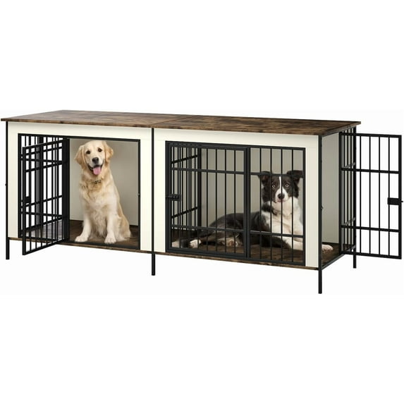 Erinnyees 79" Double Dog Crate Furniture, Extra Large Dog Cage Large Breed, Wooden Dog Crate TV Stand, Furniture Style Dog Kennel with Divider, Beige