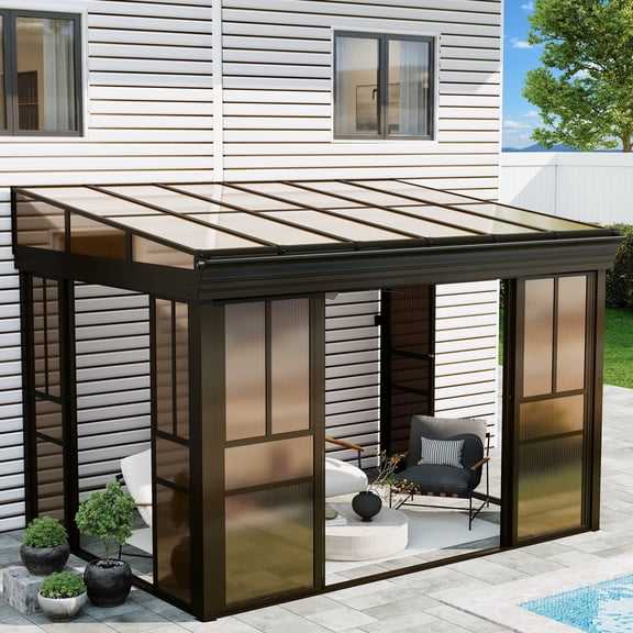 Erinnyees 8' x 12' Lean-to Sunroom Gazebo, Enclosed Patio Shelter with Sliding Doors, Polycarbonate Roof and Gray-Tinted Panels, Aluminum Frame for Backyard,Brown