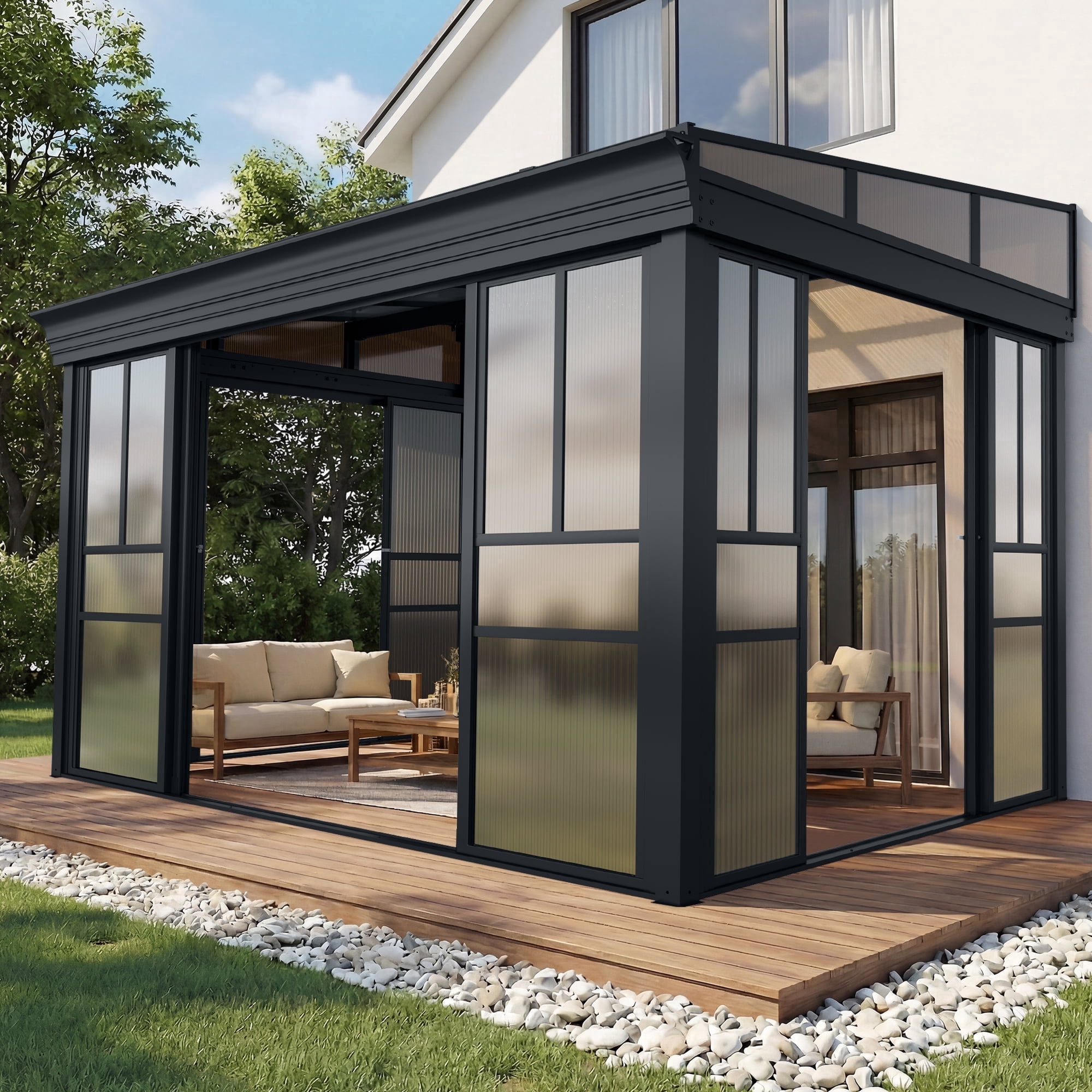 Erinnyees 8' x 12' Wall Mounted Sunroom Gazebo,All-Season Patio Gazebo Sunroom with Side Door,Outdoor Permanent Sunroom,Grey