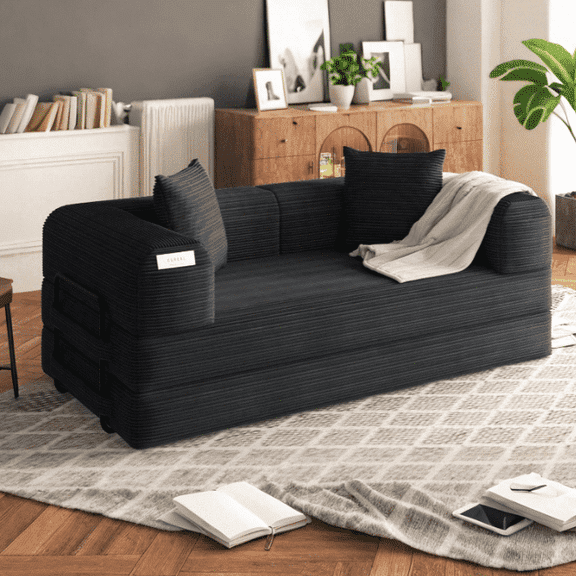Erinnyees 80" 5-in-1 Modular Convertible Sofa Bed | Corduroy, Machine Washable, No Assembly | Boneless Design for Small Spaces & Fixed Frame, Black