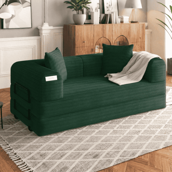 Erinnyees 80" 5-in-1 Modular Convertible Sofa Bed | Corduroy, Machine Washable, No Assembly | Boneless Design for Small Spaces & Fixed Frame, Green