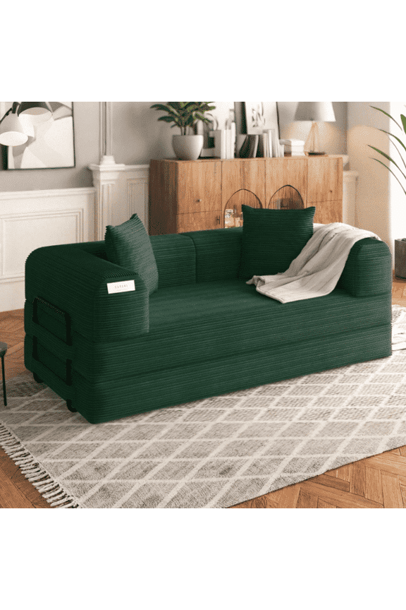 80" 5-in-1 Modular Convertible Sofa Bed | Corduroy, Machine Washable, No Assembly | Boneless Design for Small Spaces & Fixed Frame, Green