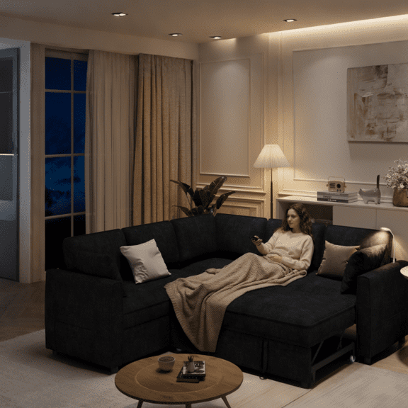 Erinnyees 87" L-Shaped Sleeper Sectional Sofa with Pull-Out Bed, USB Ports & Velvet Upholstery for Living Room, Black