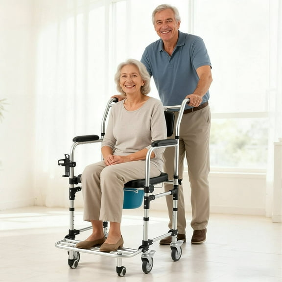 Erinnyees All-in-1 Care Chair: Commode, Shower & Transport Wheelchair with 4 Locking Wheels, Padded Seat, Detachable Bucket & Flip-Up Footrest in Black