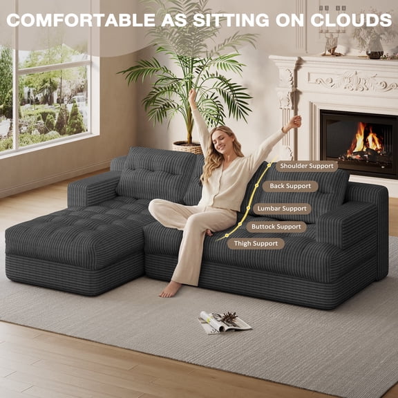 Erinnyees Boneless Cloud Couch Sectional with Chaise, Deep Seat for Small Spaces, No Assembly, Left Facing, Gray