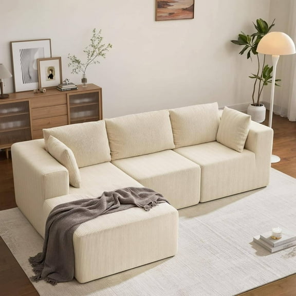 Erinnyees Boneless Sectional Couch, Fluffy Comfy Cloud Couch, with L Shape Chaise, Deep Seat & Throw Pillow, Boneless Sofa for Living Room, No Assembly Required, Beige