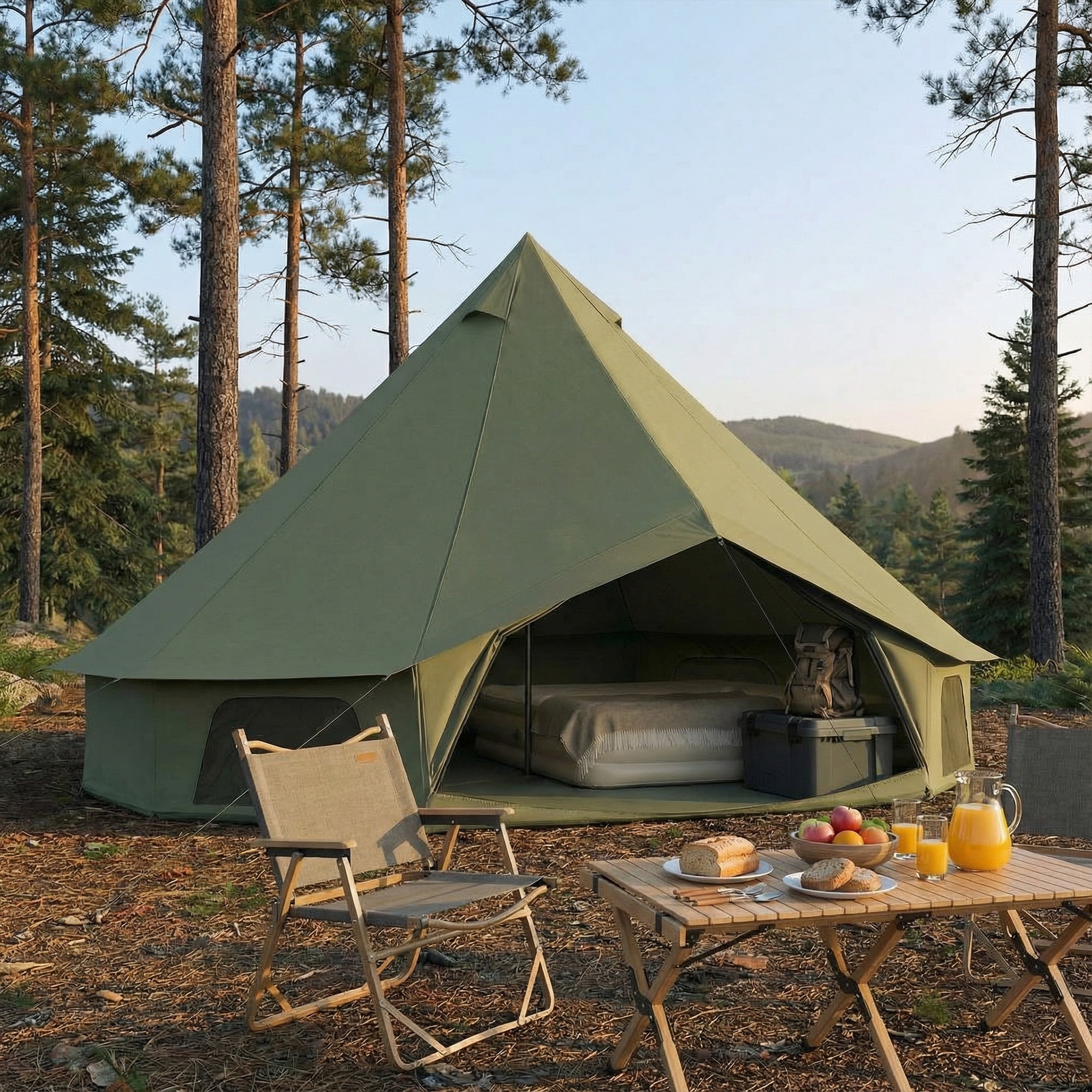 Erinnyees Camping Bell Tent, All Season Waterproof Canvas Tent , 3 m/9.8ft Yurt Tent with Stove Jack for 3-4 Person，Green