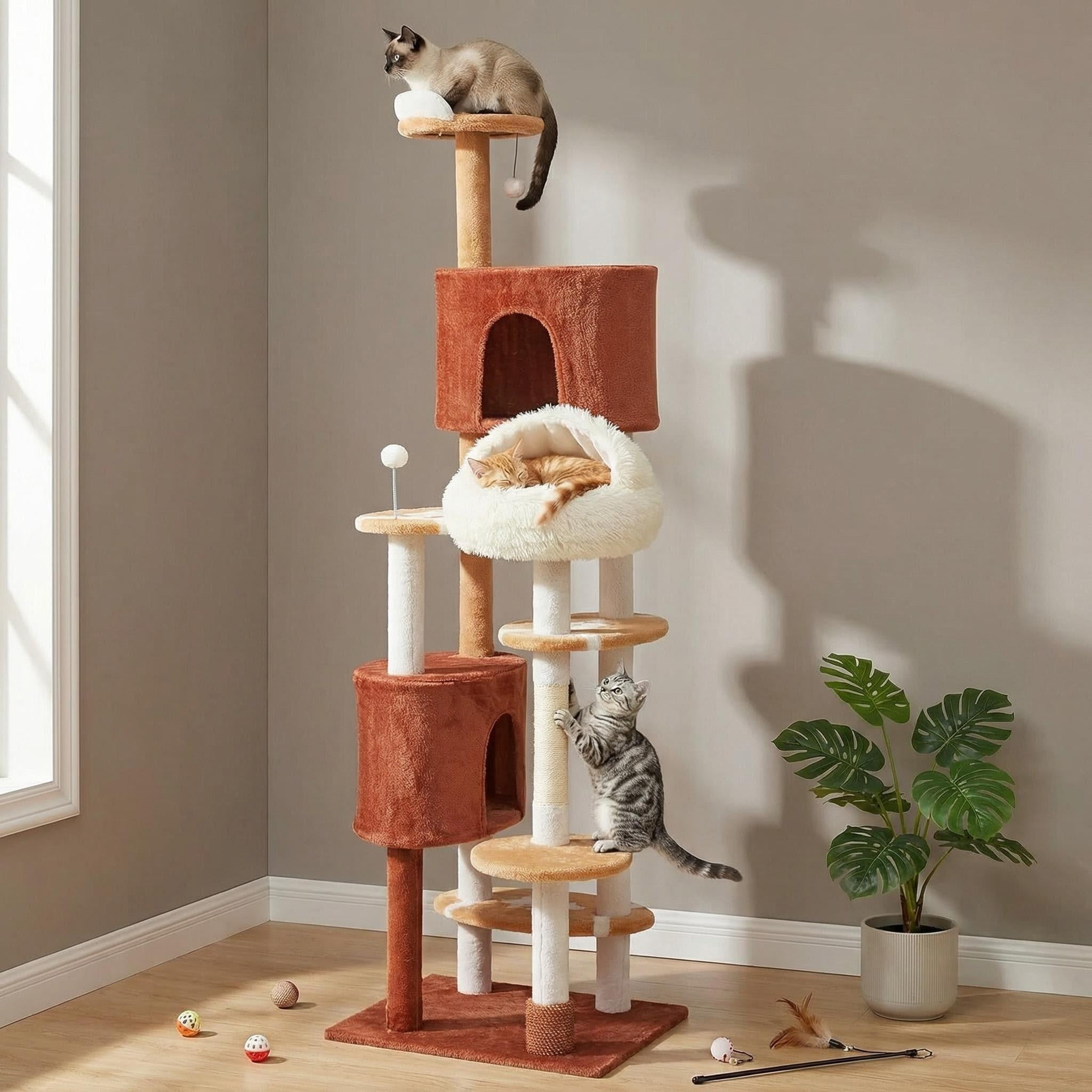 Erinnyees Cat Tree with Football Design, 74 Inches Cat Tower, Cozy Cat Cave Bed for Indoor Cats, 2 Cat Spacious Condos with Sisal Scratching Post, 5 Perches, Hammock and 2 Pompoms