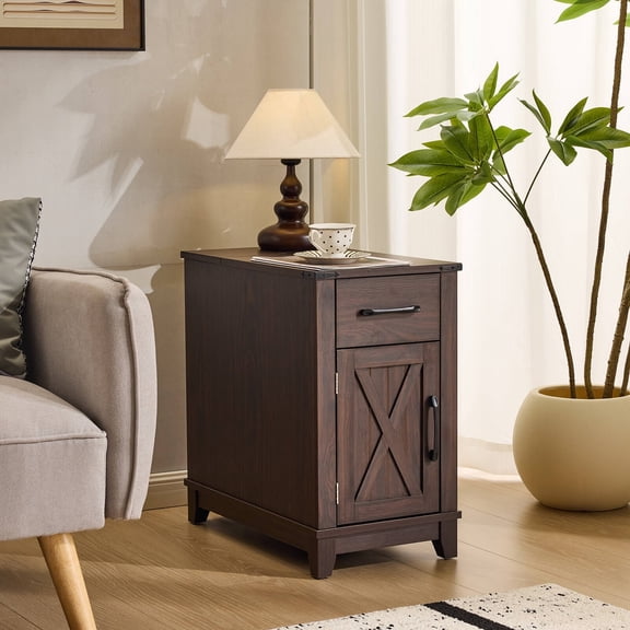 Erinnyees Choco Farmhouse End Table, Side Table with USB Charging Station - Narrow Nightstand with Drawer, Adjustable Shelf & Storage Cabinet for Living Room, Bedroom