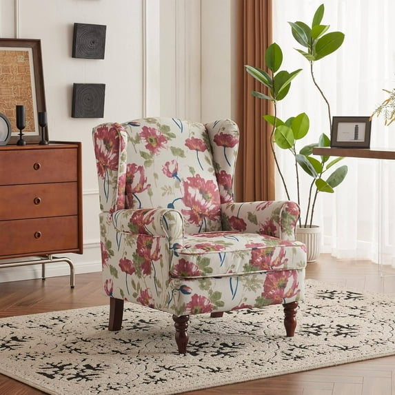 Erinnyees Floral Accent Chair, High Back Upholstered Armchair with Solid Legs, Leisure Single Sofa Chair for Living Room, Bedroom, Home Office