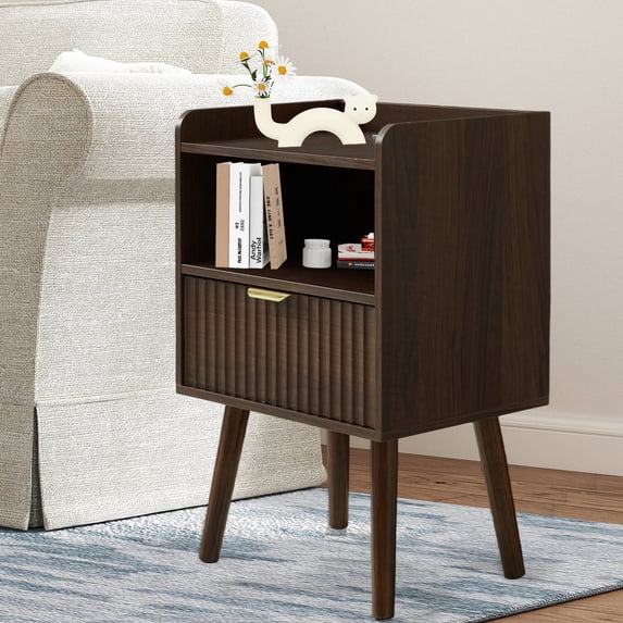 Erinnyees Fluted Nightstand Set of 2, Modern Mid-Century Bedside Table with USB Charging Station, Storage Drawer & Open Shelf , Curved Profile Nightstand for Bedroom, Living Room,Walnut